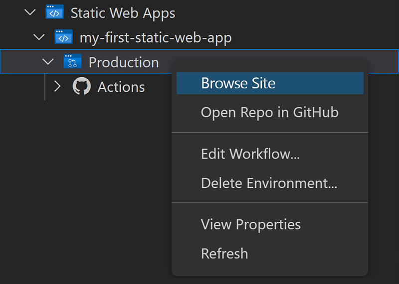 Screenshot showing how to use the Visual Studio Code extension to browse the static web app.