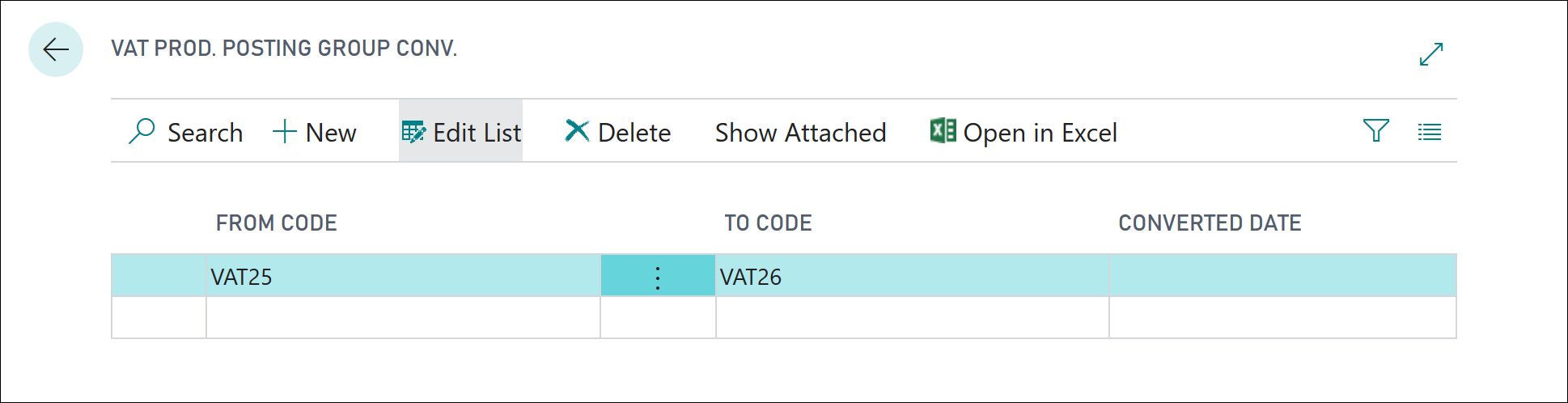 Screenshot of the VAT product posting group conversion window.