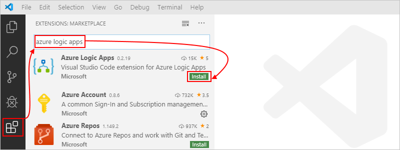 Screenshot of Azure Logic Apps in a list of Visual Studio Code extensions.