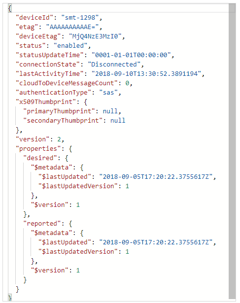 Screenshot of the snippet of a Device Twin JSON document.