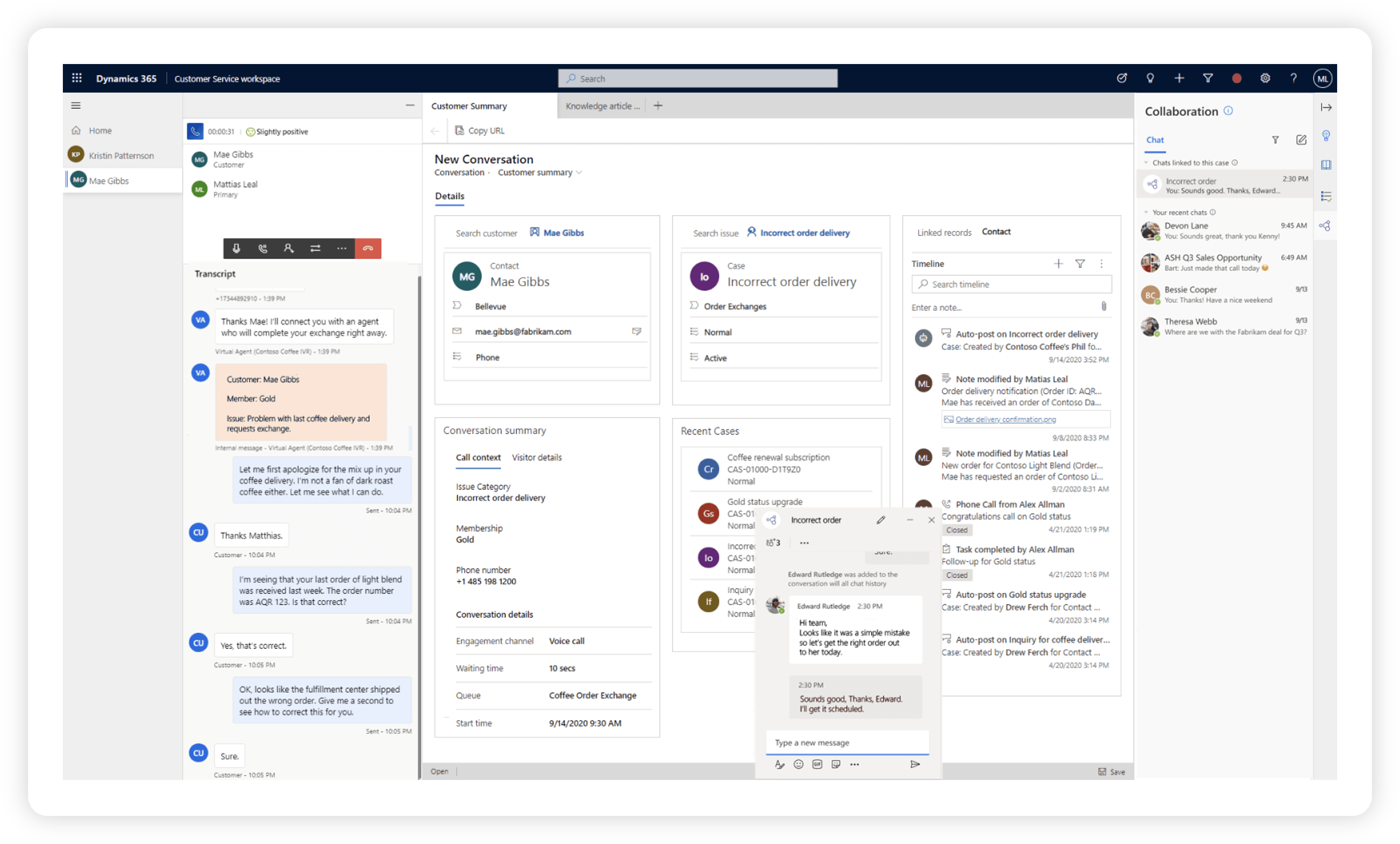 Screenshot of Dynamics 365 Customer Service workspace showing Customer summary New conversation dashboard.