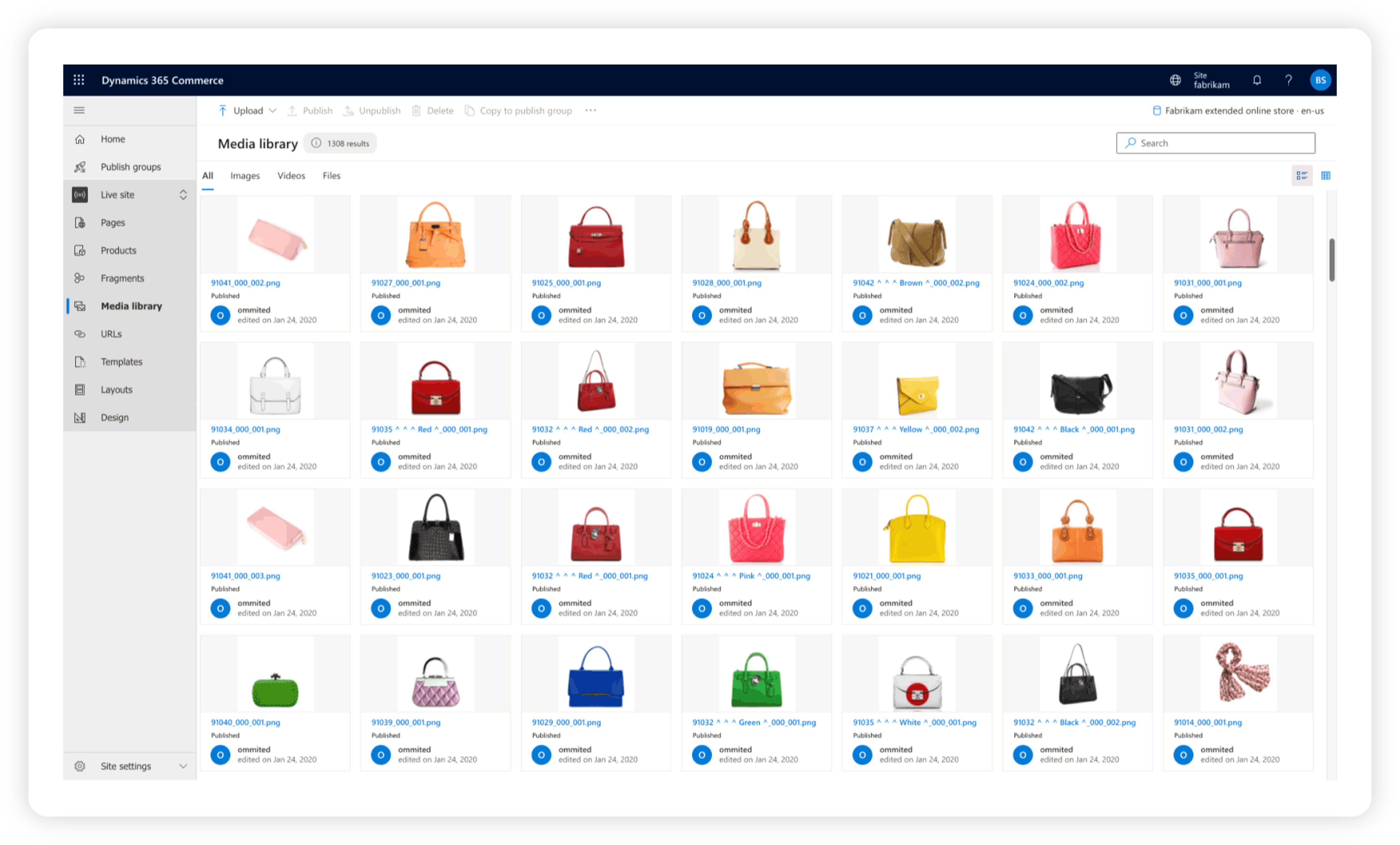 Screenshot of Dynamics 365 Commerce, showing the media library.