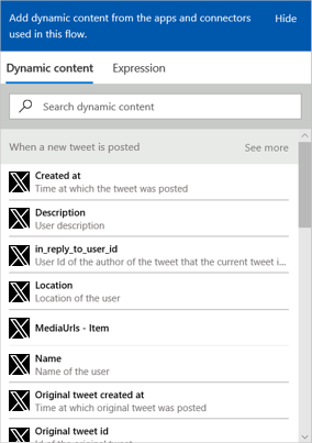 Screenshot shows the workflow designer with the dynamic content list. The example shows the dynamic content list with the X trigger outputs, such as the **Created at**, **Description**, and **Location** dynamic parameter values. You can select a dynamic parameter from the list to use in an action for your workflow.
