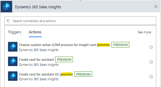 Dynamics 365 Sales Insights on the Actions tab of the search showing custom-defined actions preview.