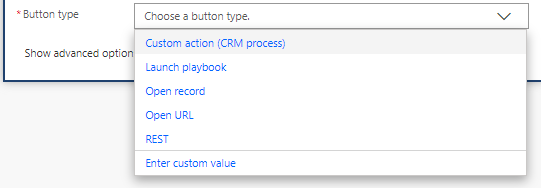 Choose a button type dropdown has Custom action (CRM process) selected.