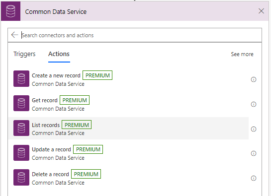 Dataverse search results show on the Actions tab, and List records is selected.