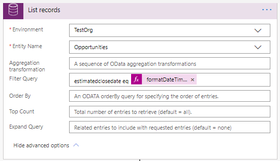 Filter query is set to estimatedclosedate eq formatDateDime(...).