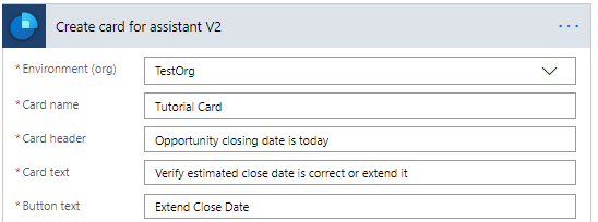 On Create card for assistant V2, the environment is set to TestOrg, and other required columns are filled.