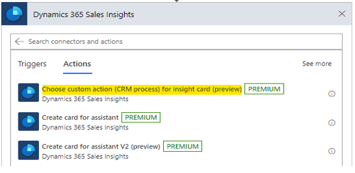 Select Choose custom action (CRM process) for an insight card.