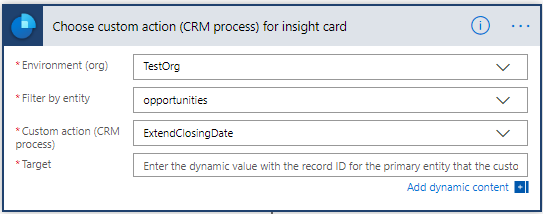 Set Filter by table to Opportunities and Custom action (CRM process) to ExtendedClosingDate.