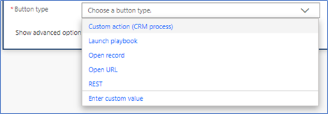 Create card for assistant V2 has a Custom action (CRM process) button type.