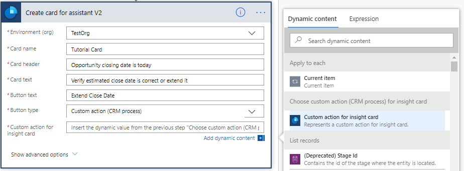 Select Custom action for insight card from Dynamic content.