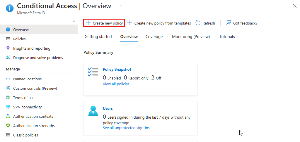 Screenshot highlighting the New Policy button in the Azure portal.