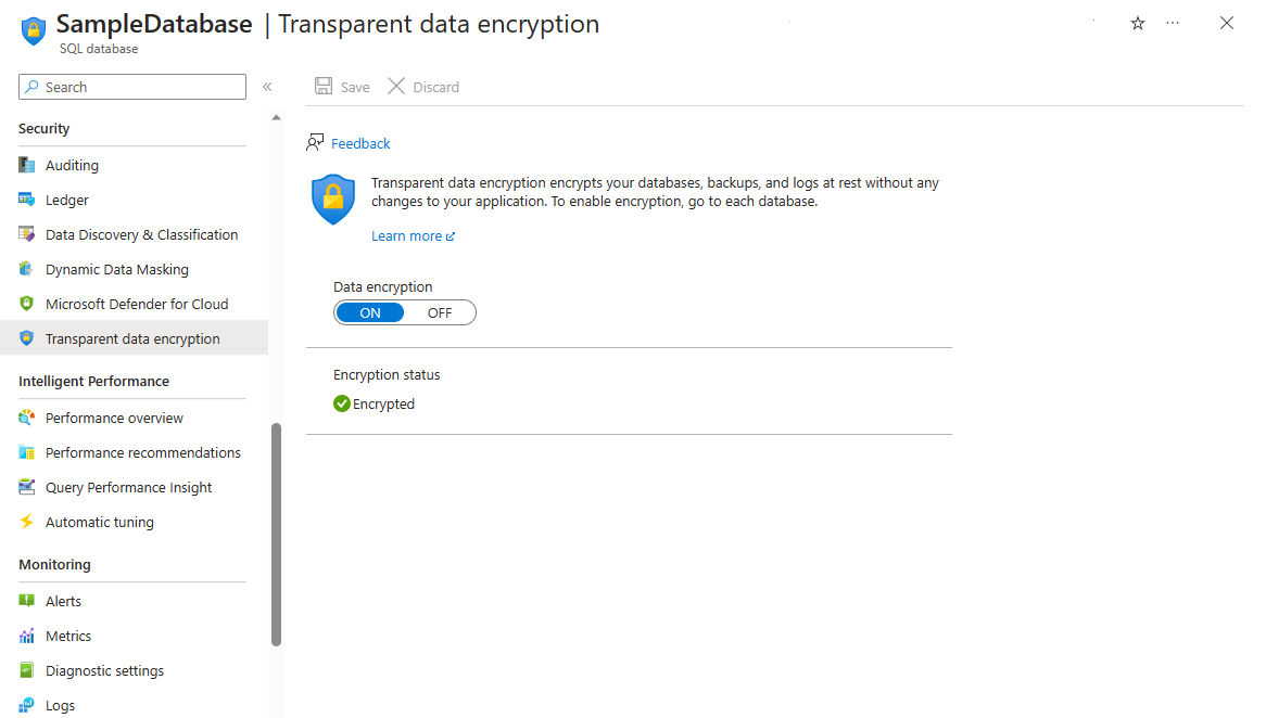 Screenshot that shows how to enable transparent data encryption in the Azure portal.