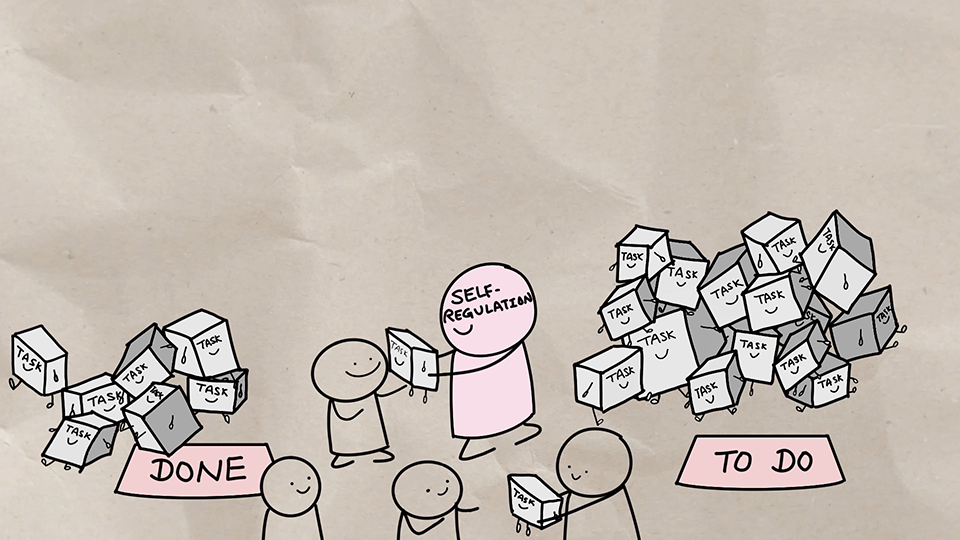 Drawing that shows many people moving small tasks, represented as boxes, from the to-do pile to the done pile.