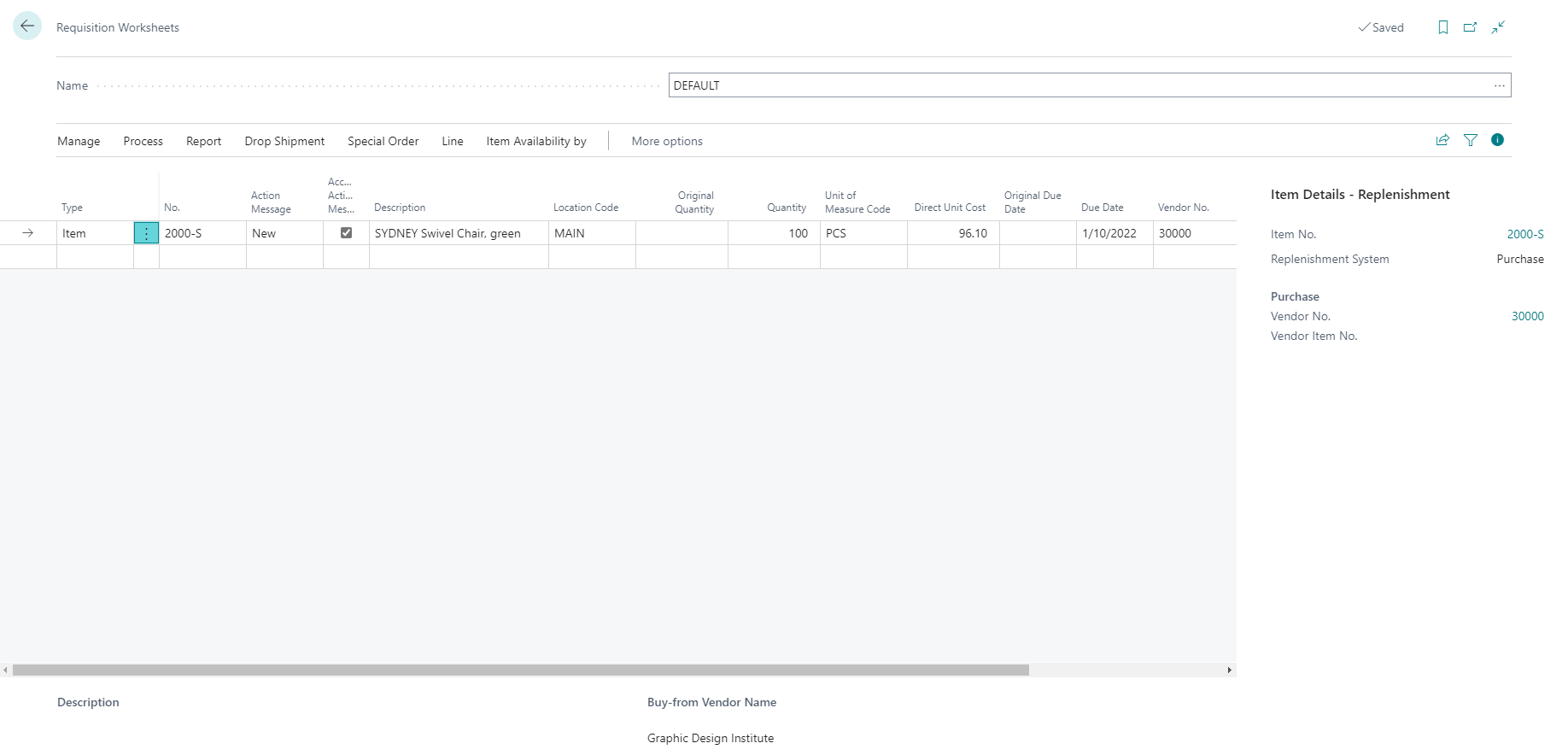 Screenshot of the Requisition Worksheet for Fixed Reorder Quantity.