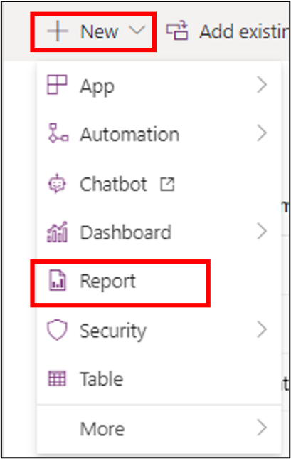 Screenshot showing the Report option under the New button in the action pane.