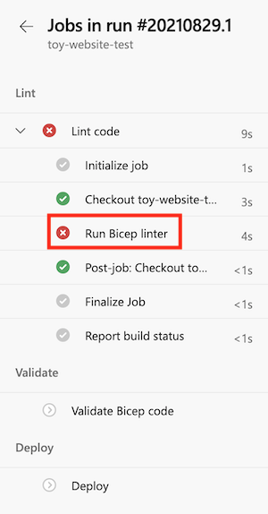 Screenshot of the pipeline log for the Lint stage, with the step for running a Bicep linter highlighted.