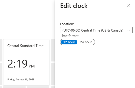 Screenshot showing the Edit clock settings for the clock tile.