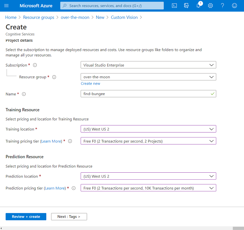 Screenshot that shows creating a new Custom Vision resource on Azure.