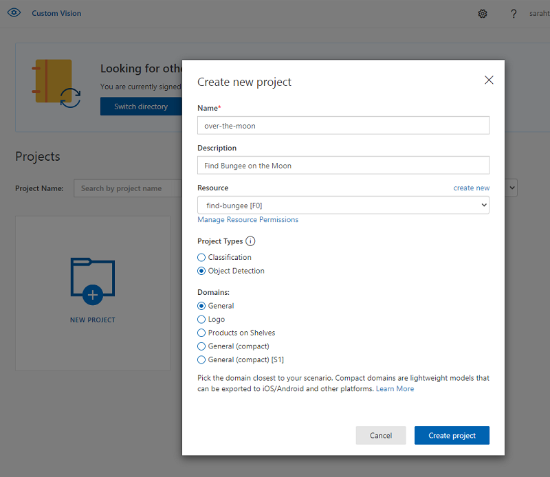 Screenshot that shows creating a new Custom Vision project in the Custom Vision portal.