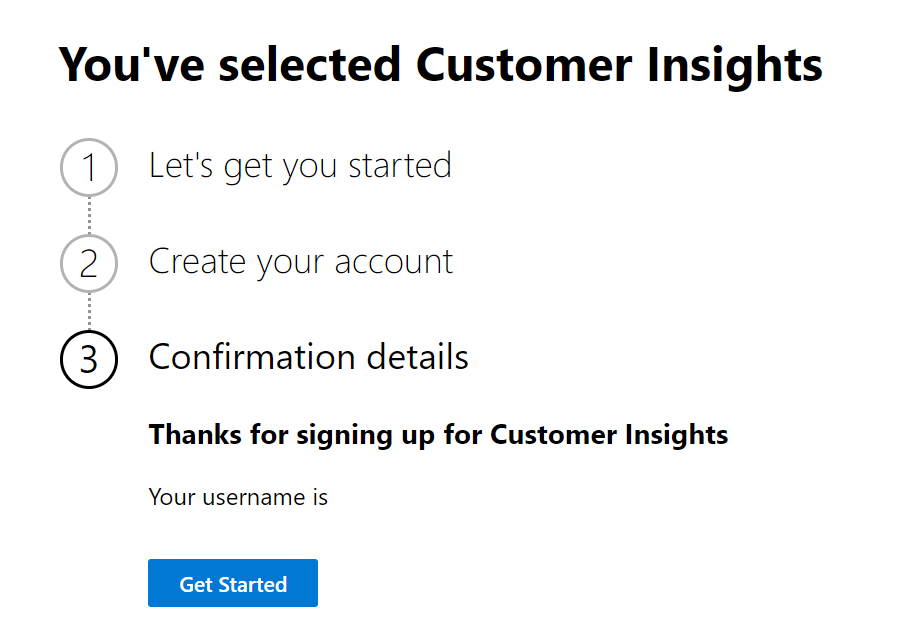 Screenshot of the confirmation details page with get started button.