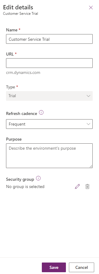 Screenshot of the edit details view with name, U R L, Type, Refresh cadence, Purpose, and Security group fields.