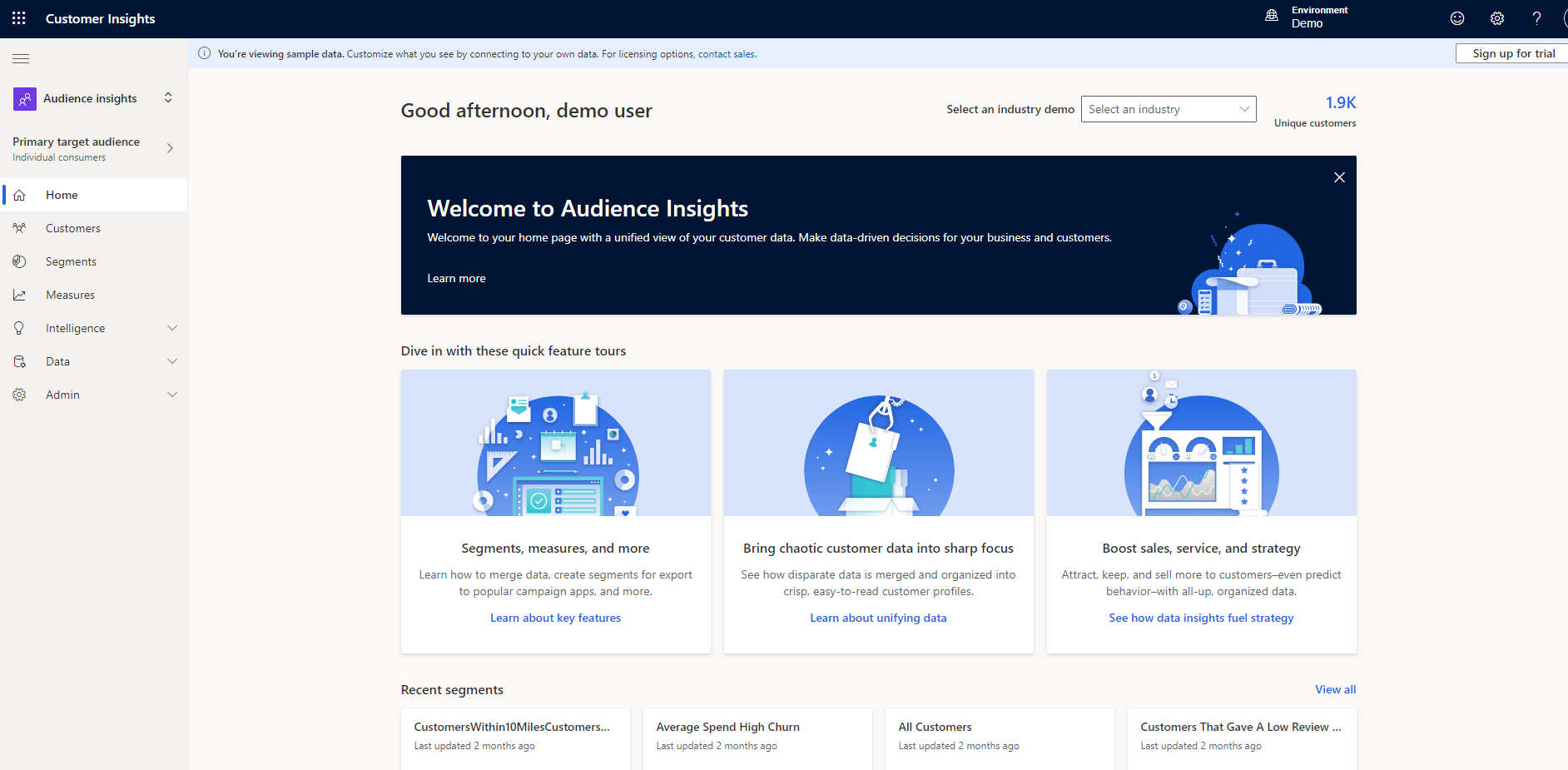 Screenshot of the Customer Insights home page.