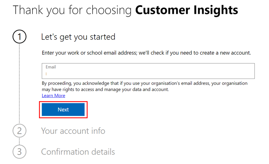 Screenshot of the Customer Insights trial sign up.