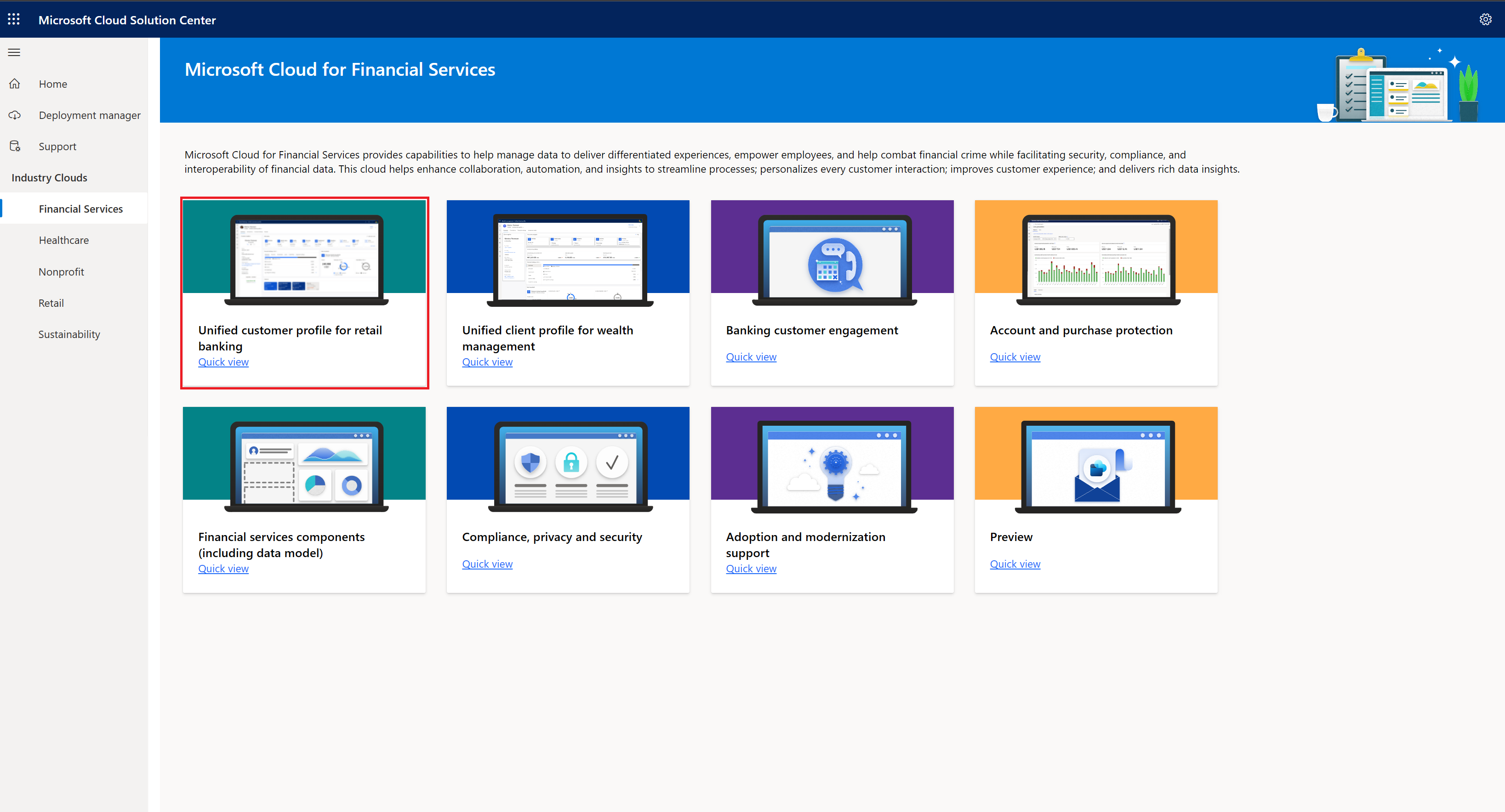 Screenshot of Microsoft Cloud Solution Center with Unified customer profile highlighted.