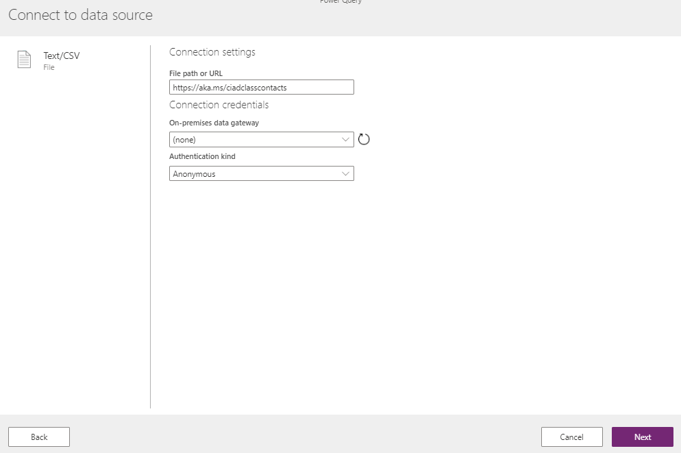 Screenshot of the Connect to data source screen with Azure Blob U R L.