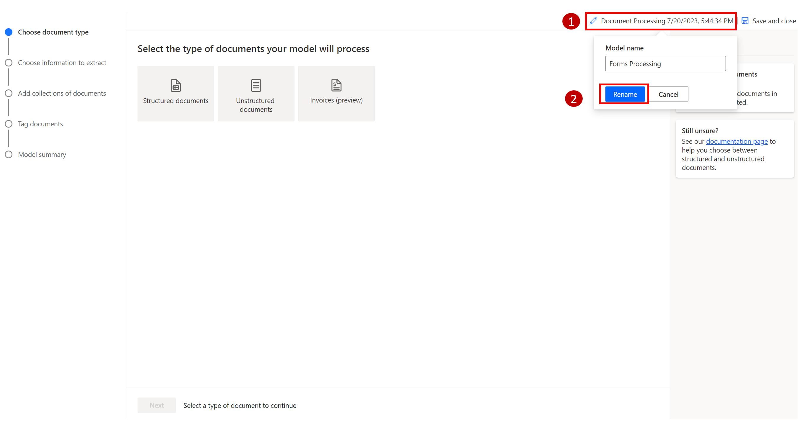 Screenshot of the Form Processing Get started page with rename button.