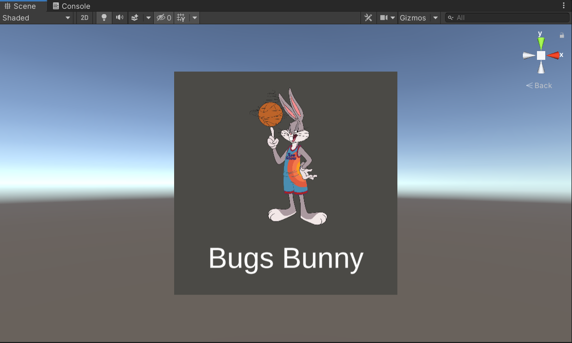 Screenshot of the scene window. The player button is in the scene, with an image of Bugs Bunny, and Bugs Bunny's name.