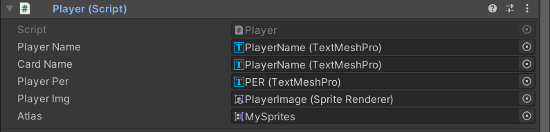 Screenshot of the player script properties for the player button object.