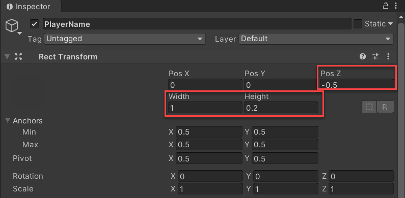 Screenshot of the rect transform properties for the player name object. The position z, width, and height properties are highlighted.