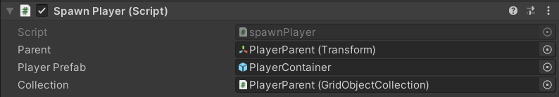 Screenshot of the spawn player properties for the player loader object.