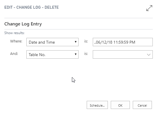 Screenshot of the Delete Change Log Entries page.