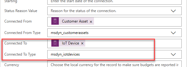 Screenshot of Connected To set as IoT Device and Connected To Type set as msdyn_iotdevices.