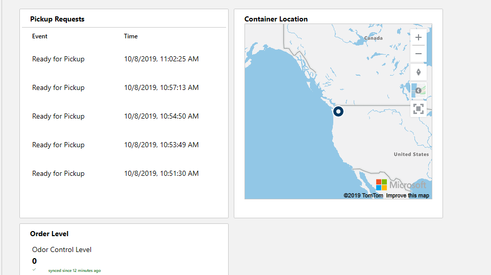Screenshot of the dashboard with Pickup Requests, Container Location, and Order Level details.