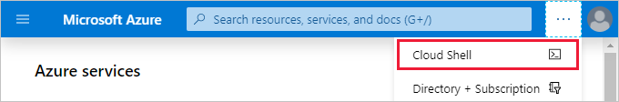 Screenshot of Azure portal navigation bar with ellipses menu expanded and Cloud Shell icon highlighted.