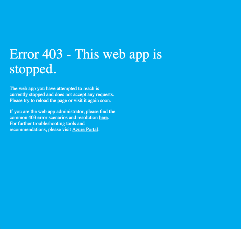 Screenshot of a stopped App Service web app showing "Error 403 - This web app is stopped".