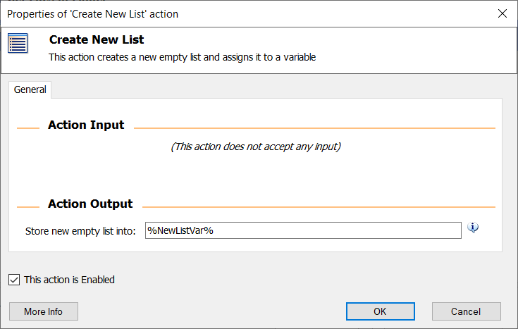 Screenshot of the Create New List action's properties dialog.