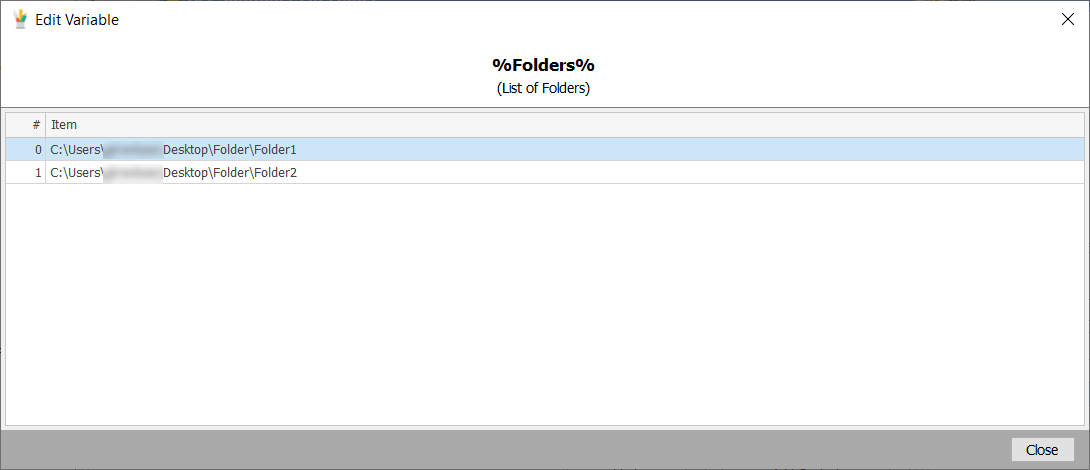 Screenshot of the Edit Variable window for folders.