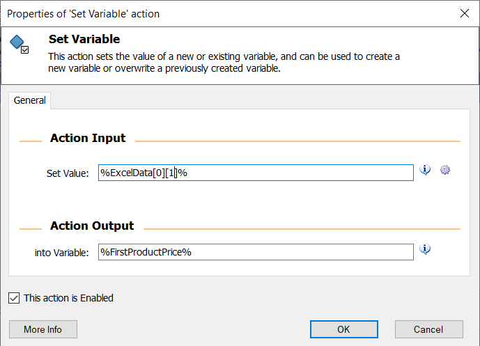 Screenshot of the populated Set Value field in the Set Variable action's properties dialog.