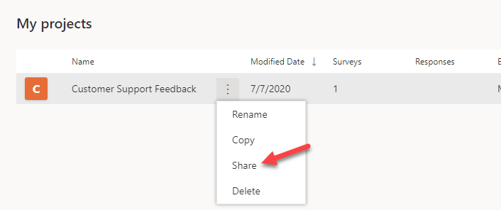 In the My projects list, the ellipsis button next to Customer Support Feedback is selected and an arrow points to Share.