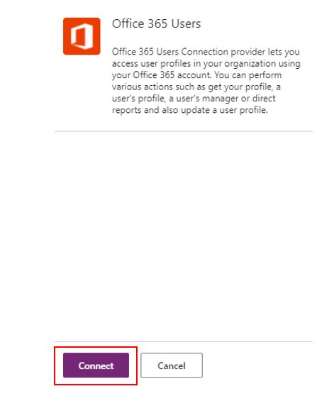 Screenshot of the Office 365 users window with connect button.