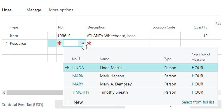 Screenshot of a sales line linked to resource table.