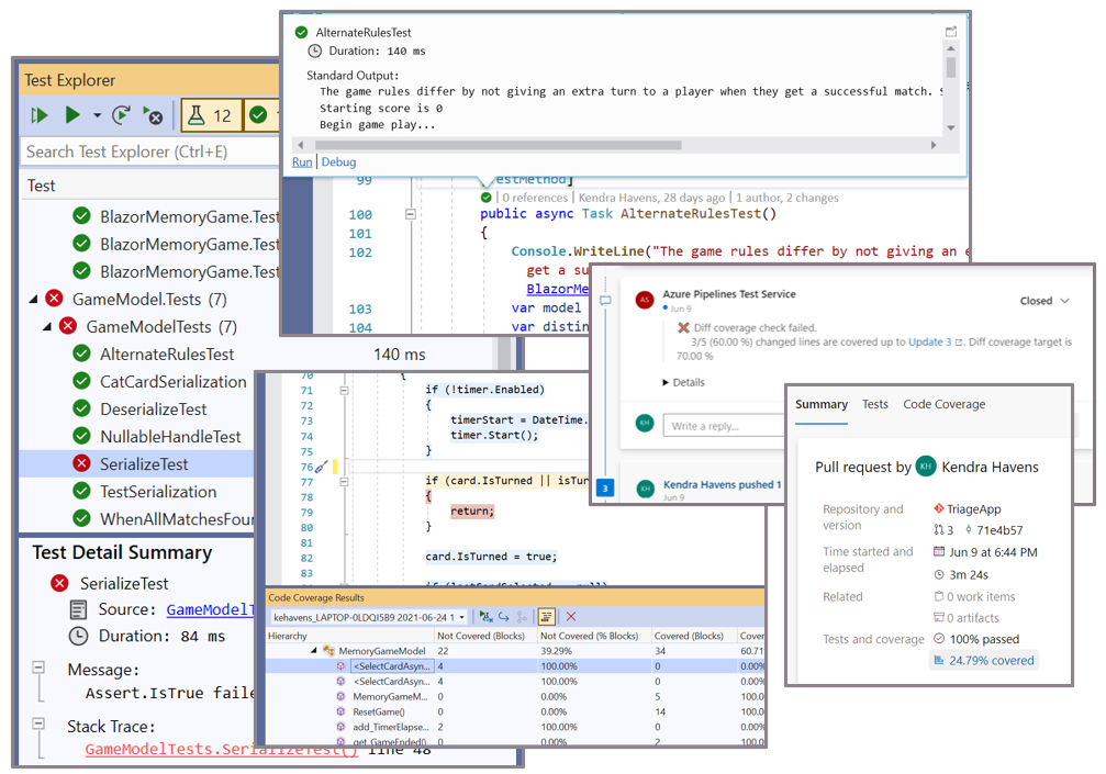 Collage showing screenshots of test features in Microsoft tools, including Visual Studio and Azure DevOps.