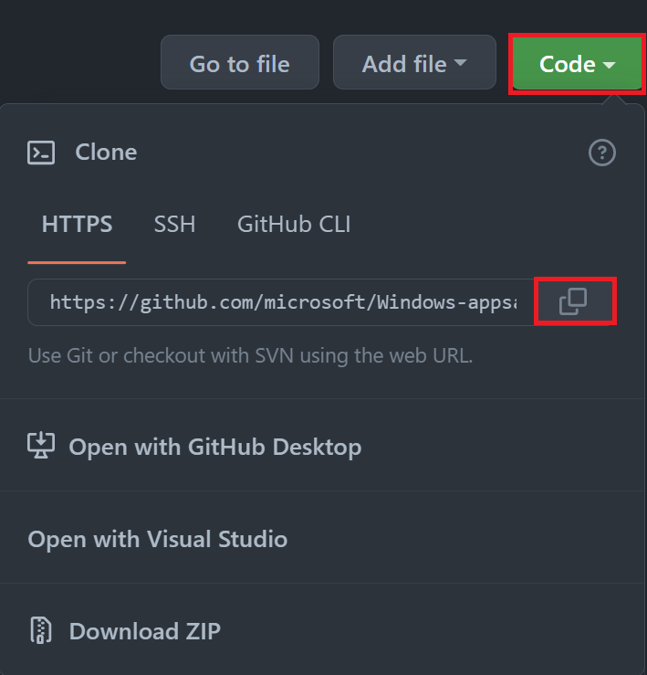 Screenshot of the clone repository context menu in GitHub. The copy URL icon is highlighted.
