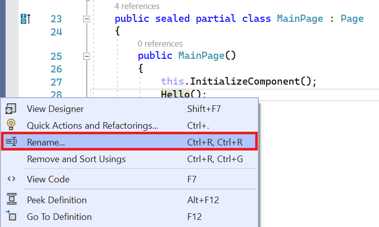 Screenshot of a Visual Studio context menu after right-clicking a function. The rename option is highlighted.